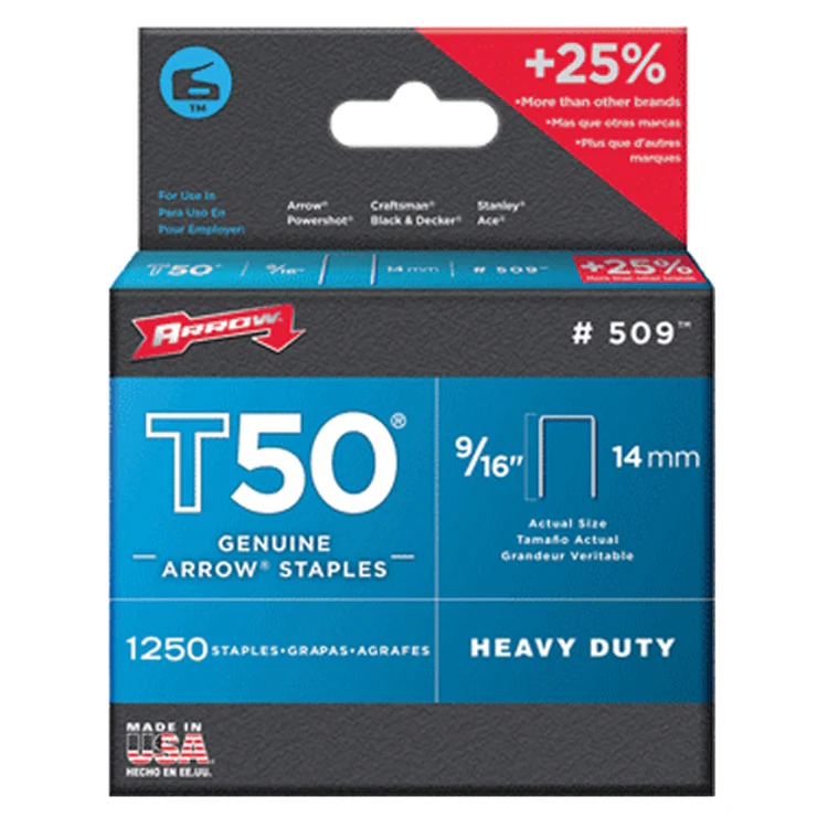 Arrow 9/16" T50 Heavy Duty Galvanized Steel Staples (1250 Pack)